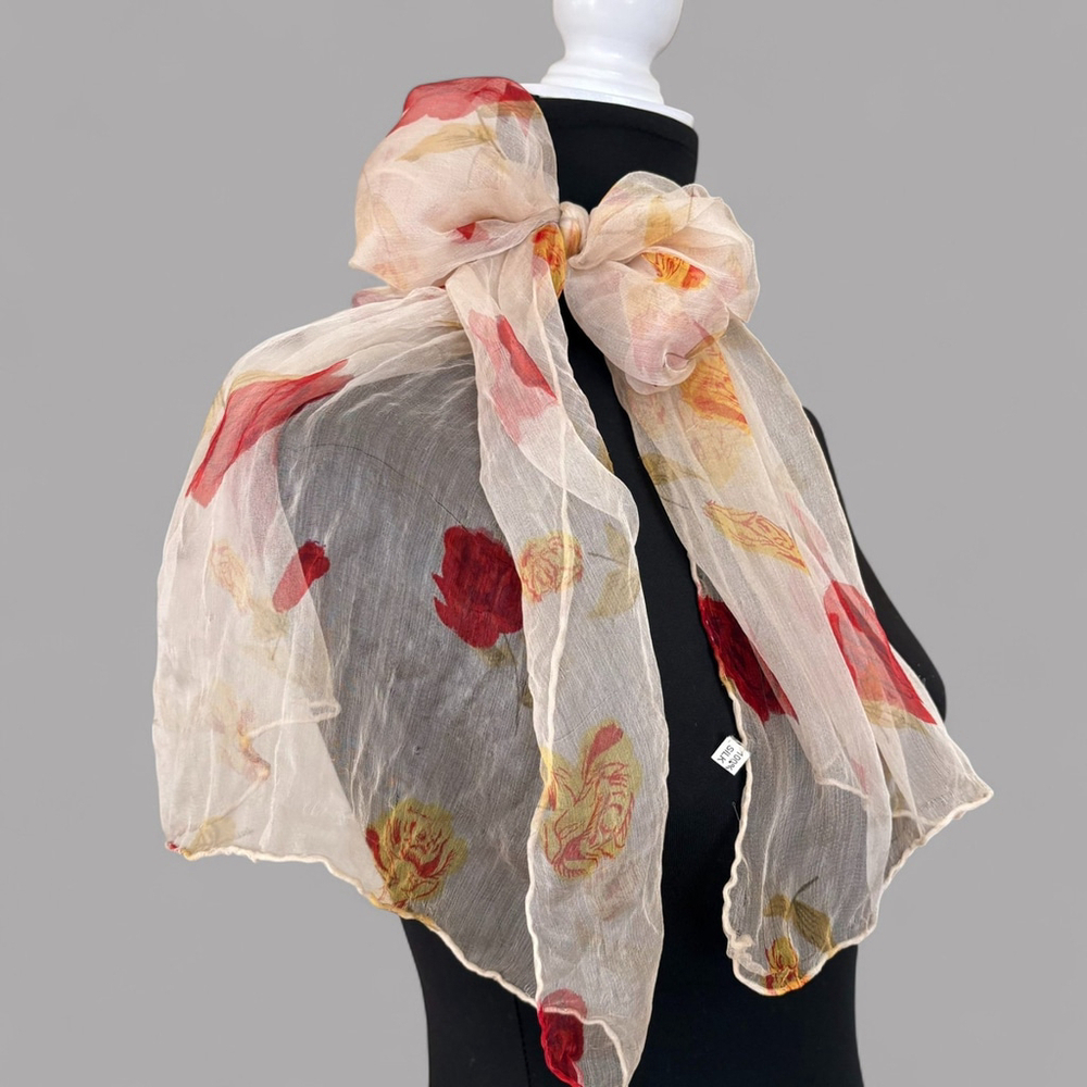 1950s Silk Scarf Cream Floral Rose Sheer - Picture 10 of 10